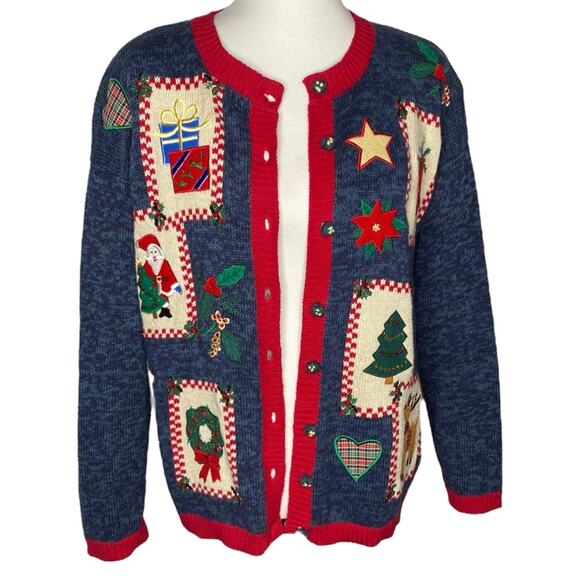 Vintage Ugly Christmas Sweater Blue Patchwork Embroidered Santa Cardigan Medium - Picture 1 of 16